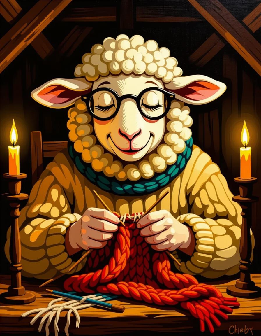 Old Sheep Knitting in Candlelit Barn