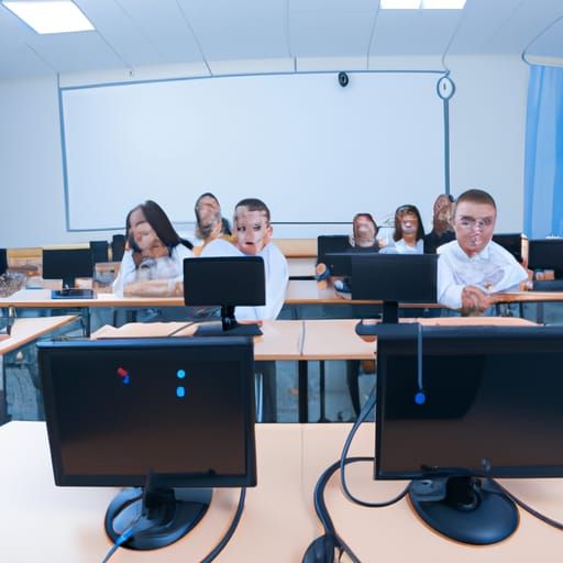 classroom with wires and tvs and people with open eyes