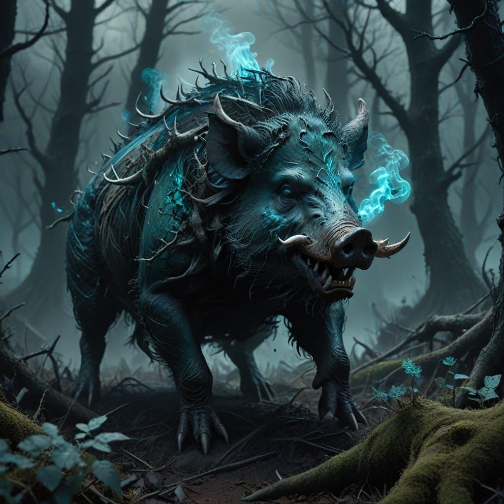 Surreal Dark Fantasy Boar Awakens in Twisted, Blackened Fore...