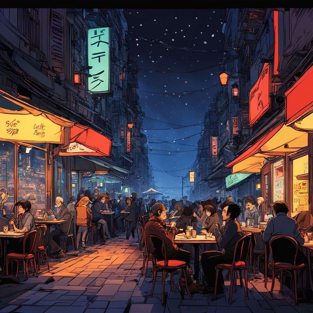 Vibrant Nighttime Karaoke Cafe Scene in Futuristic Style