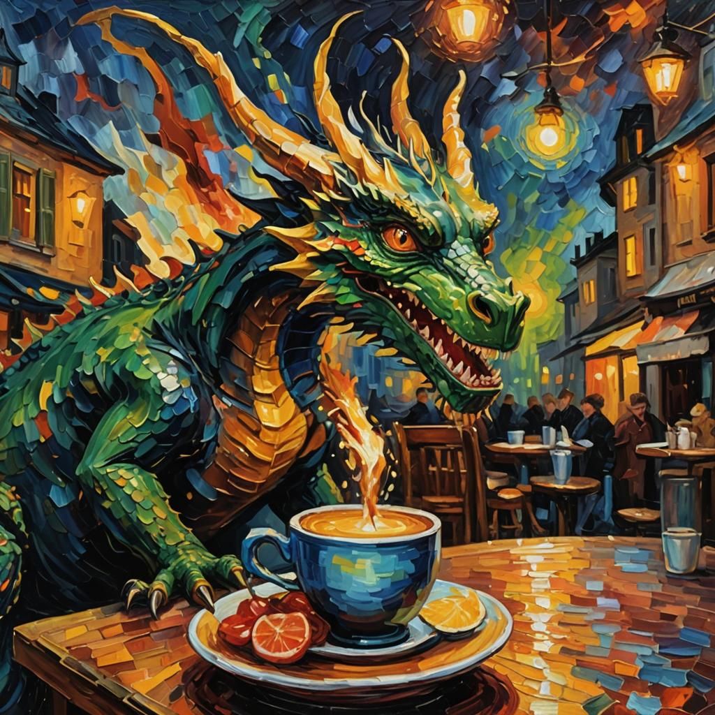 Dragon Bursts into Cafe: Neo-Impressionist Oil Painting