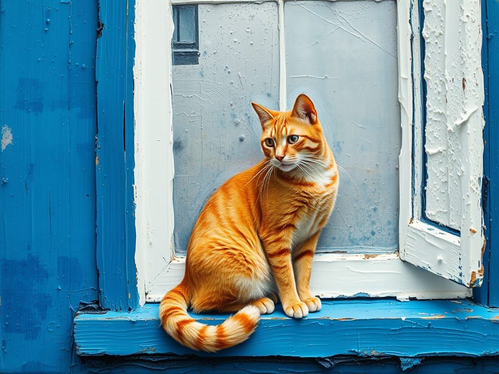 Ginger Cat on Blue Window Sill in Thick Impasto Layers