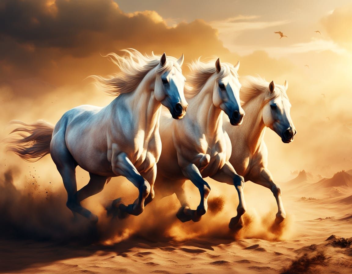 Wild White Horses in Desert Sandstorm: Splash Art