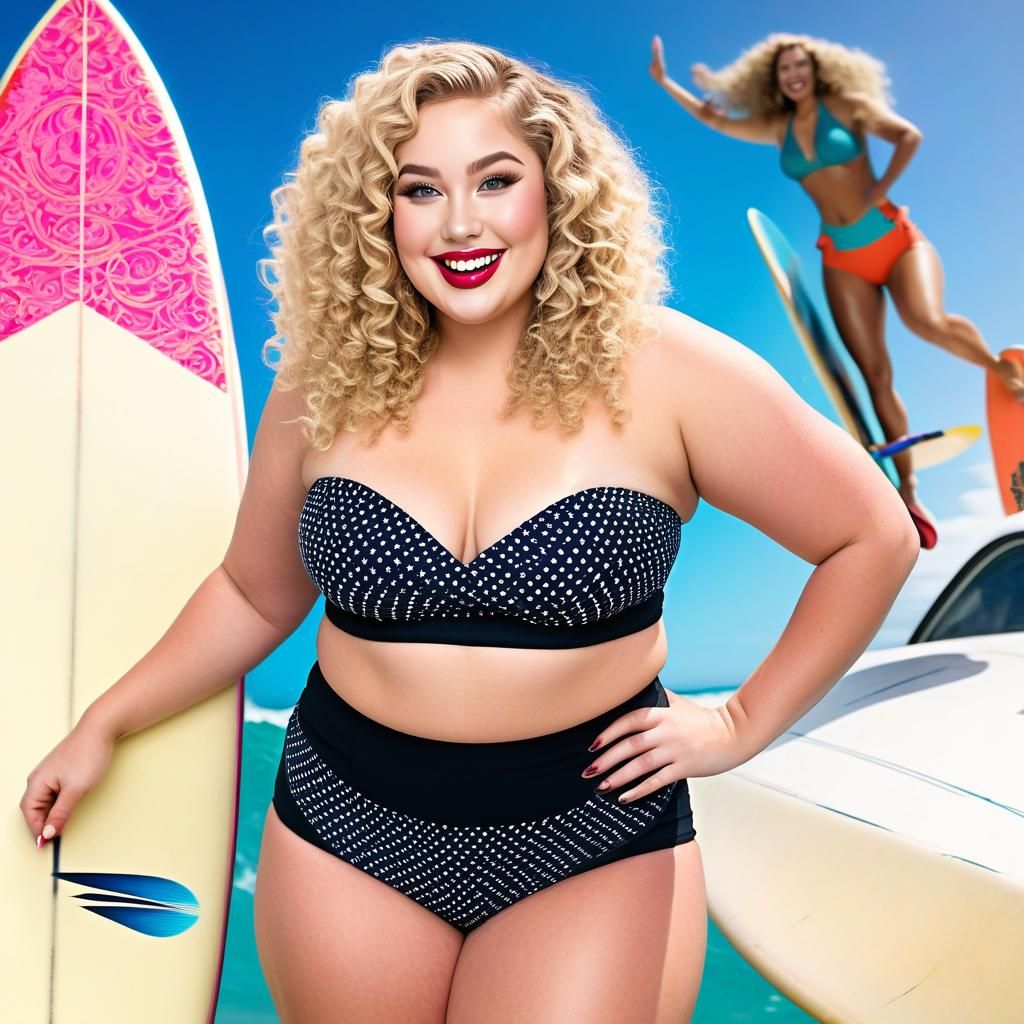 Curvy Woman Surfing in Outer Space