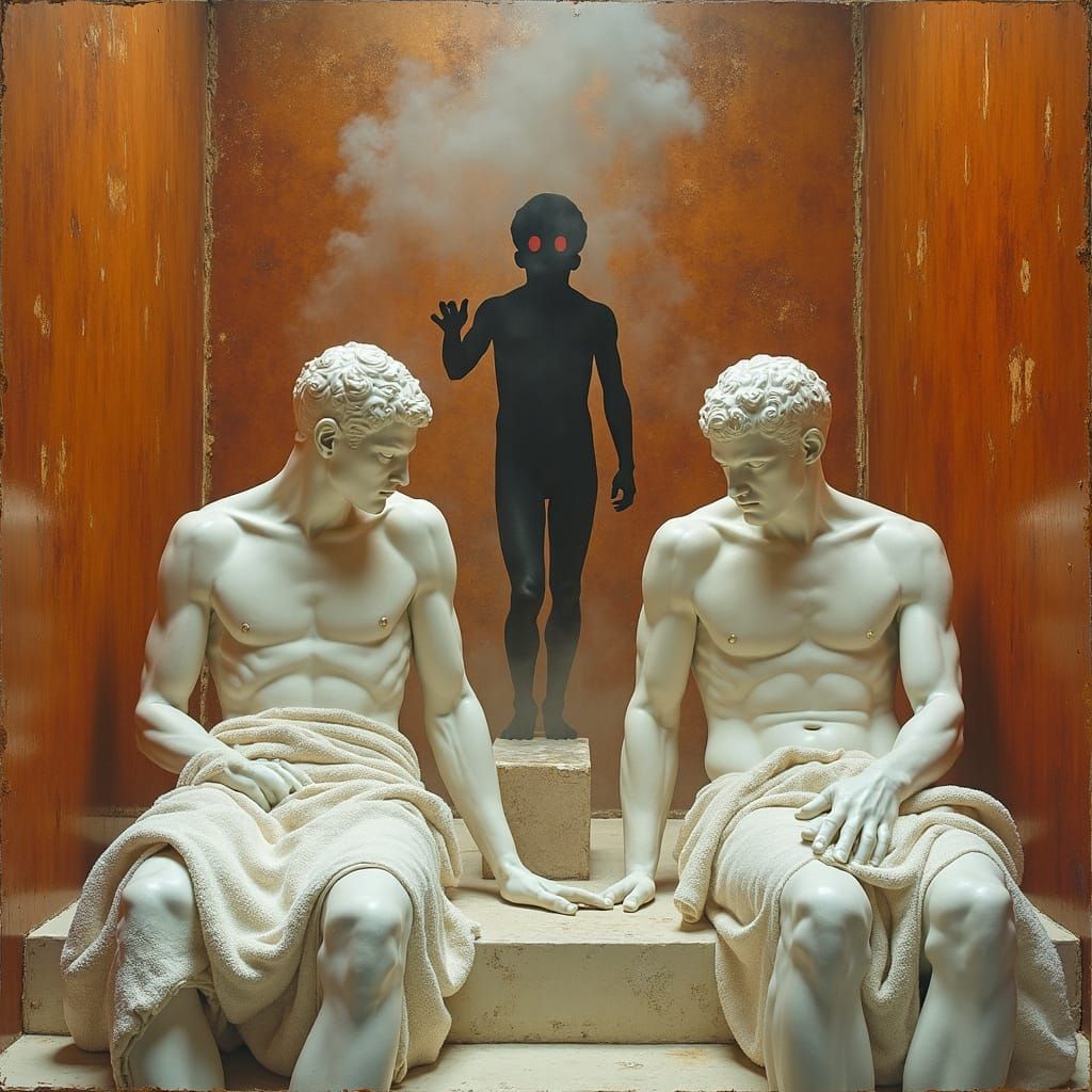 Surreal Sauna Scene with Classical Forms