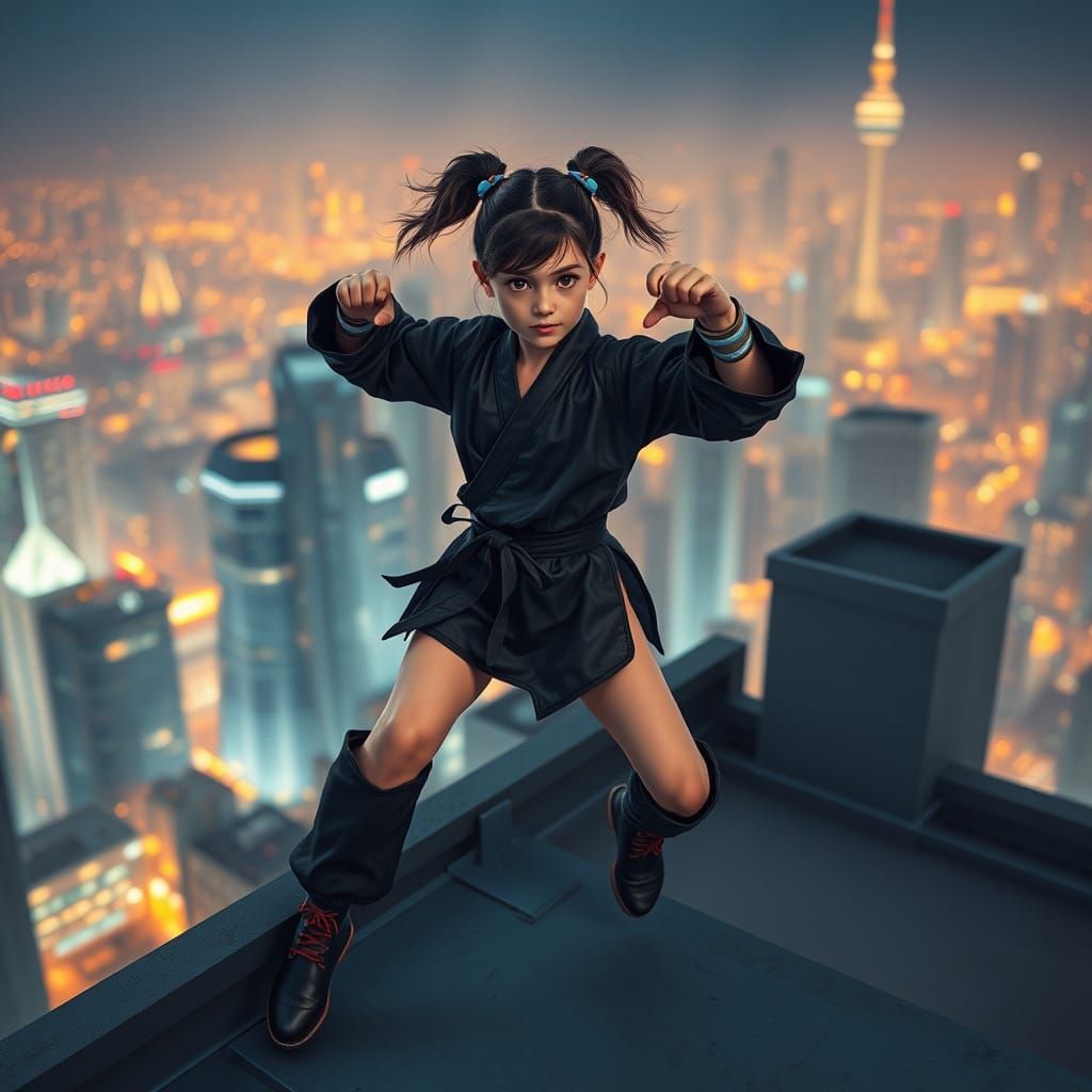 Martial Arts Girl on City Rooftop at Night
