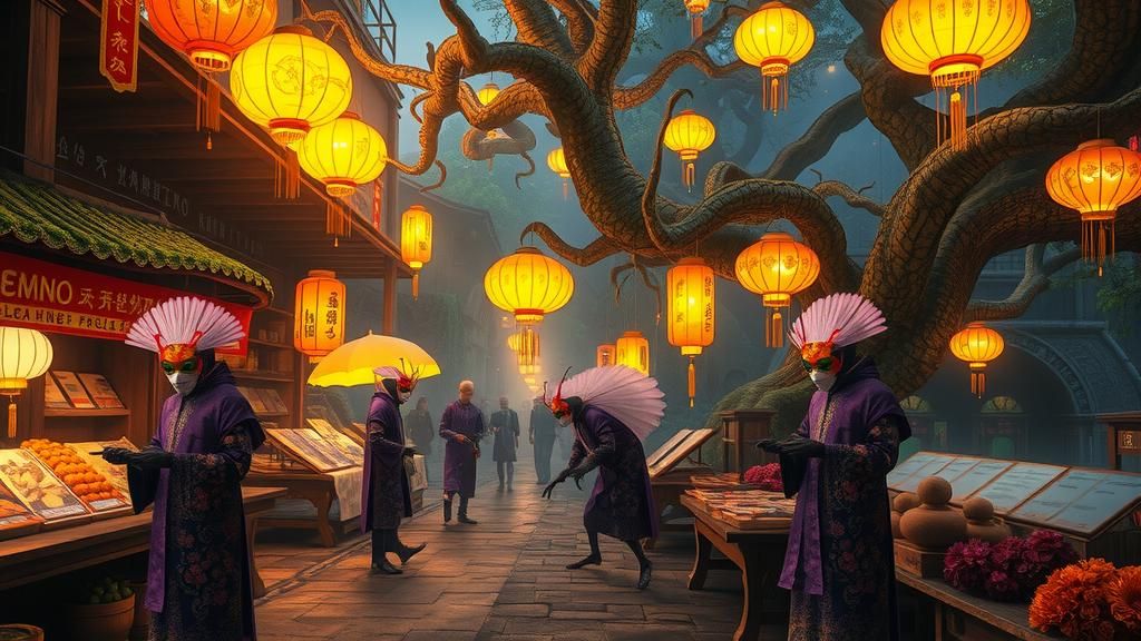 Mystical Asian Market with Insect Shoppers