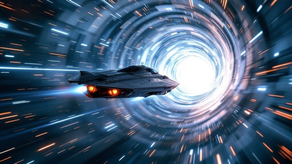 Sleek Starship Cruises Through Cosmic Hyperspace Tunnel