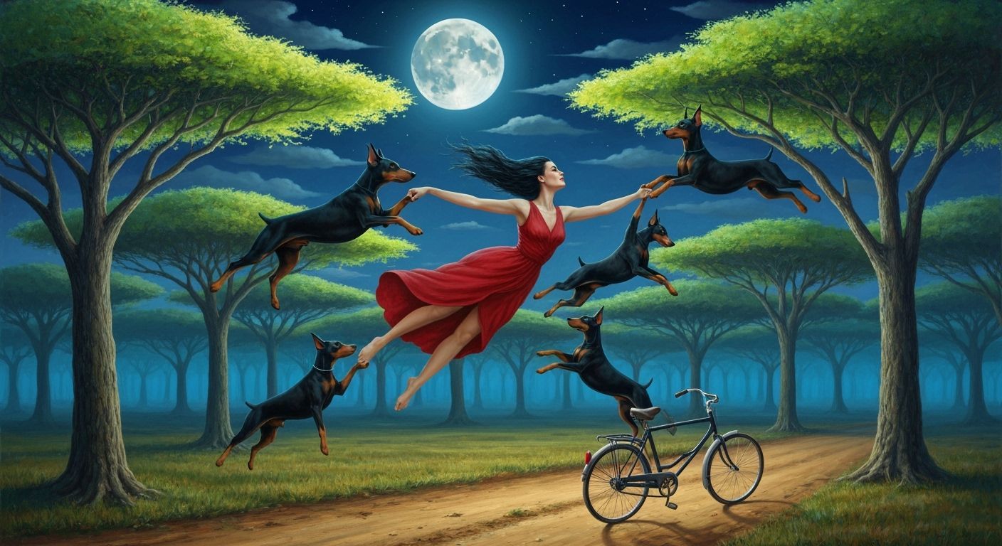 Woman Flies With Dogs Through Moonlit Forest Oil Painting