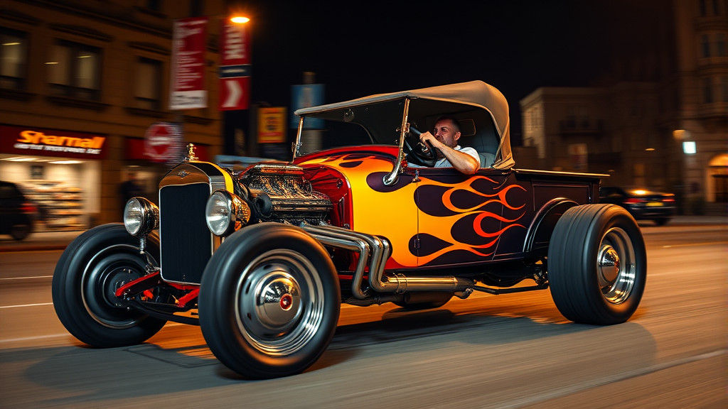 Flaming Hot Rod Races Through City Streets