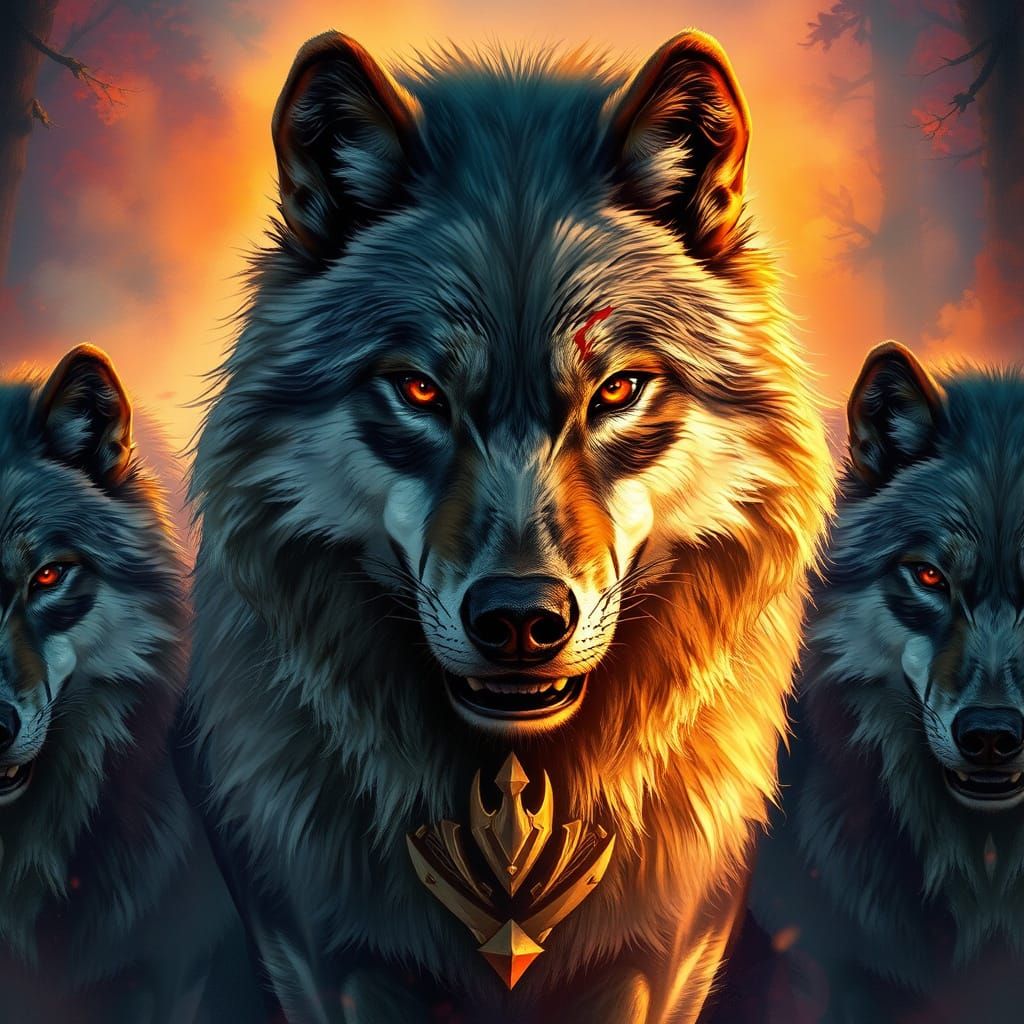 Majestic Wolf Pack Led by Regal Alpha with Piercing Red Eyes