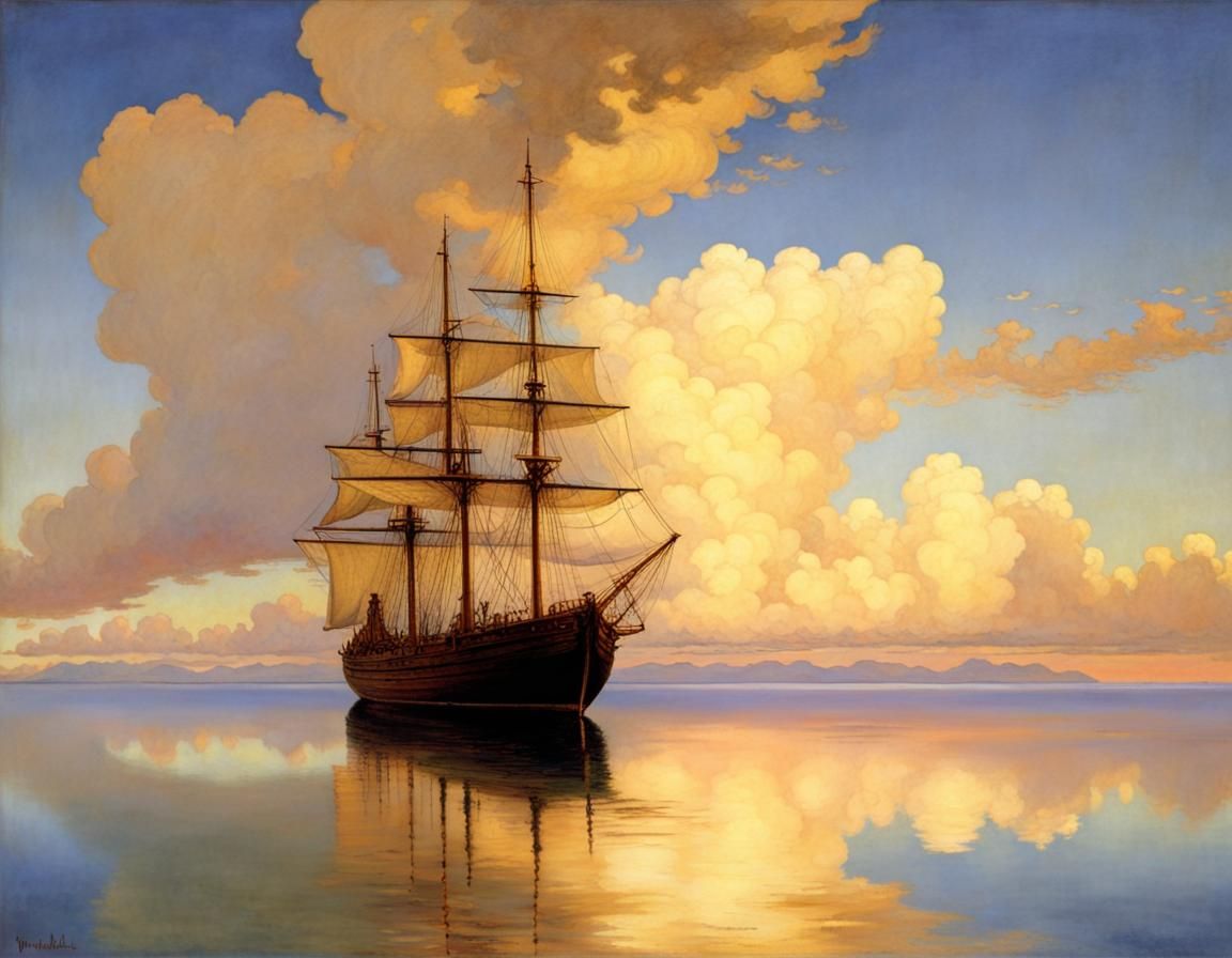 Becalmed Ship at Golden Hour, Parrish Style