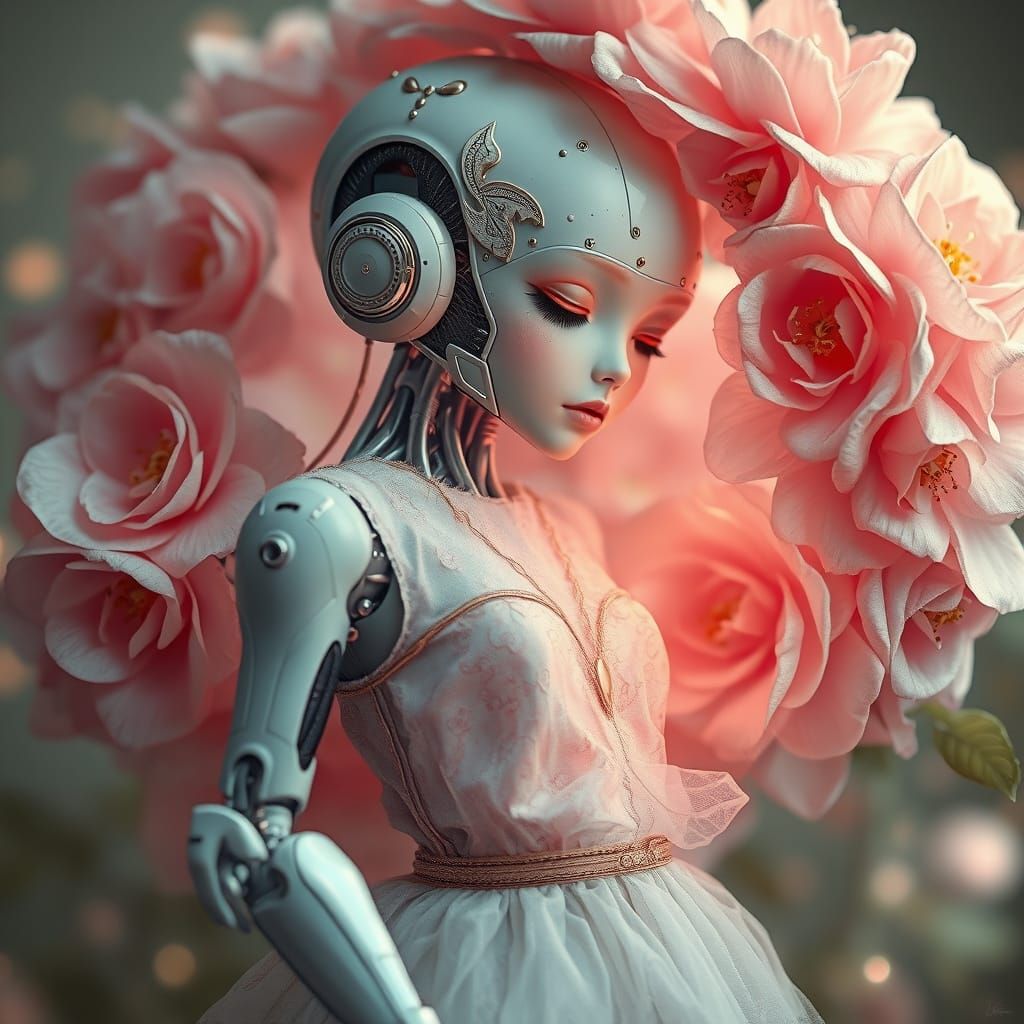 Cyberpunk Robot Girl in Floral Cocoon, Ethereal Softness
