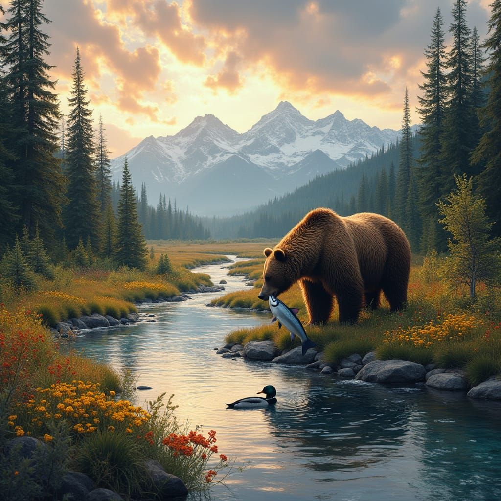 Majestic Grizzly Bear in Boreal Forest Landscape