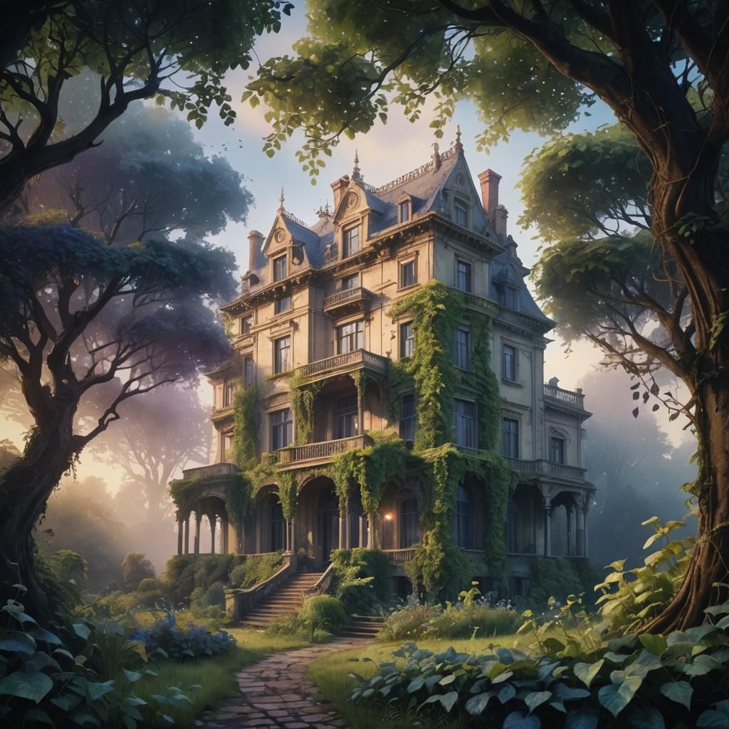 Abandoned Mansion in Overgrown Garden: Watercolour Painting