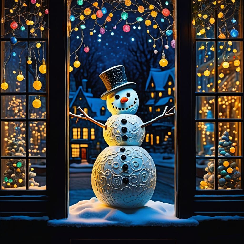 Charming Snowman Illuminates Urban Nighttime Scene