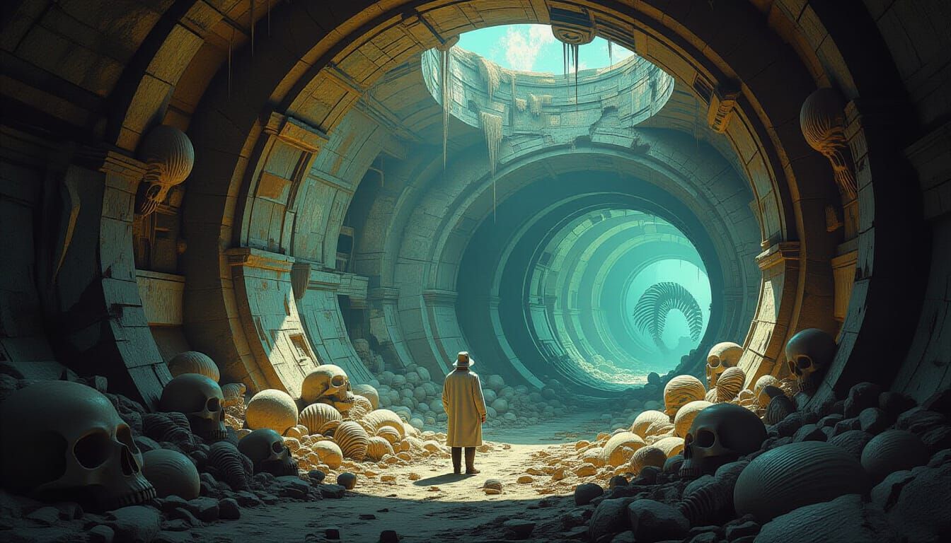 Paleontologist Surrounded by Ancient Fossils in Eerie Landsc...