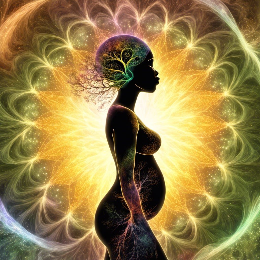 Pregnant Flower Nymph Goddess with Fractal Tree