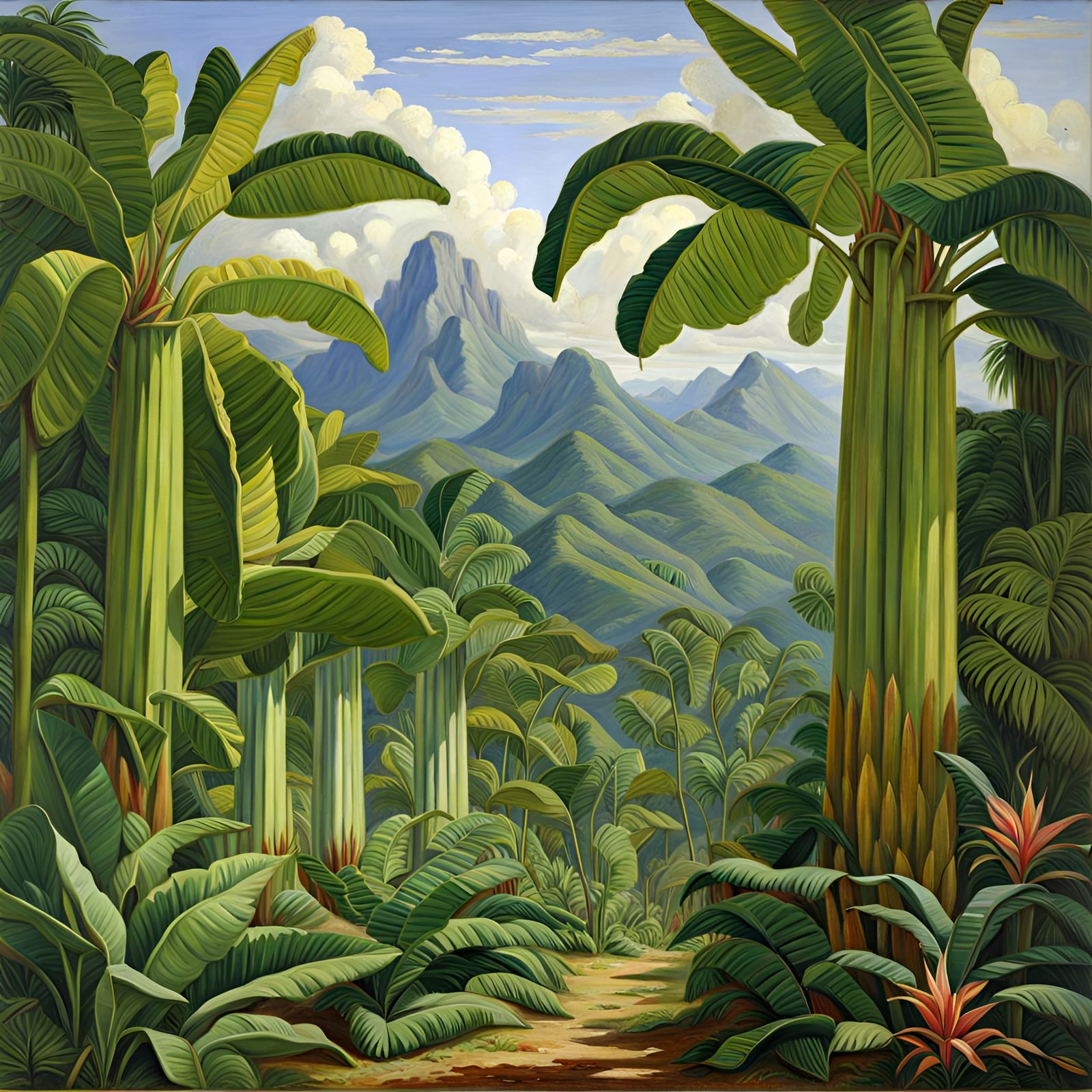 Lush Tropical Mountain Landscape in Oil Painting Style