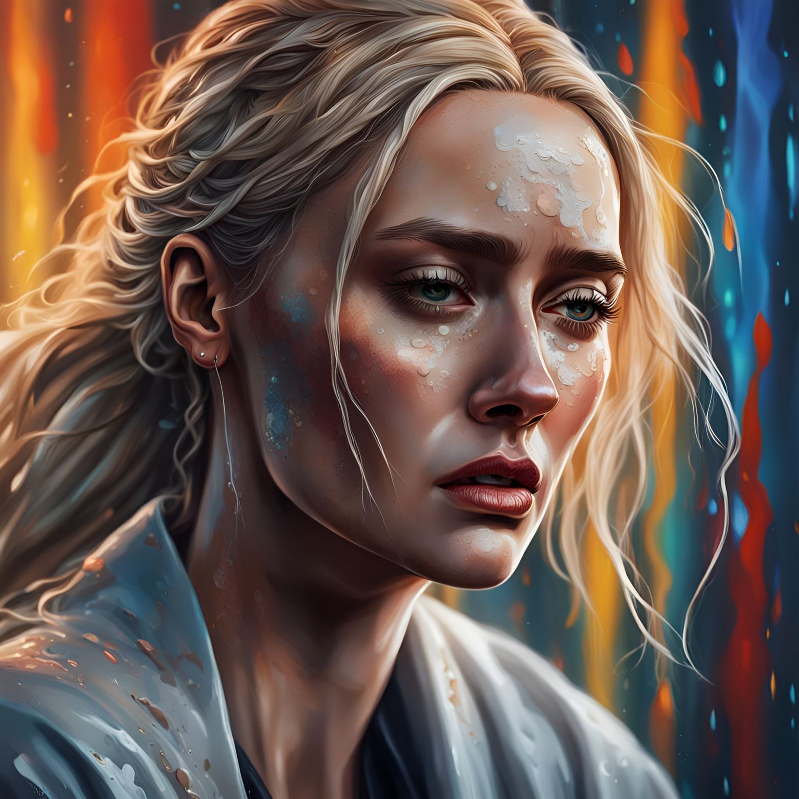 Grief-Stricken Woman Crying: Hyperrealistic Splash Art