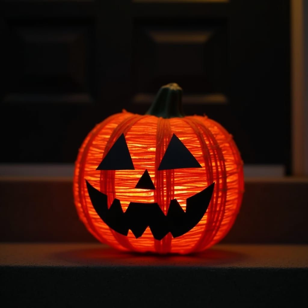 Yarn and Paper Jack-O-Lantern on Stoop