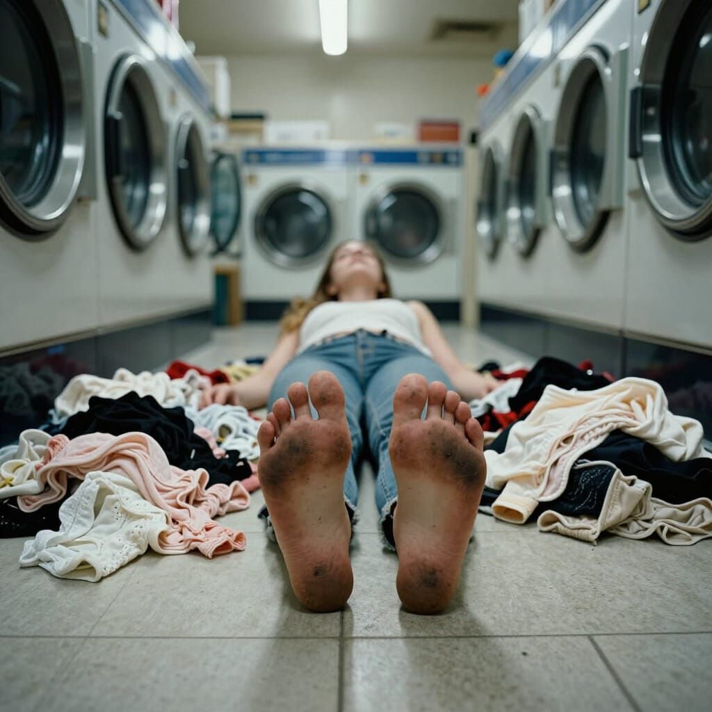 Woman's Bare Feet Focal Point in Gritty Laundromat Scene