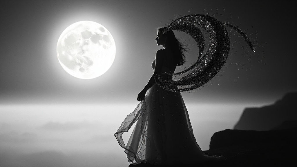 Moonlit Woman with Glitter Aura in Monochrome Style