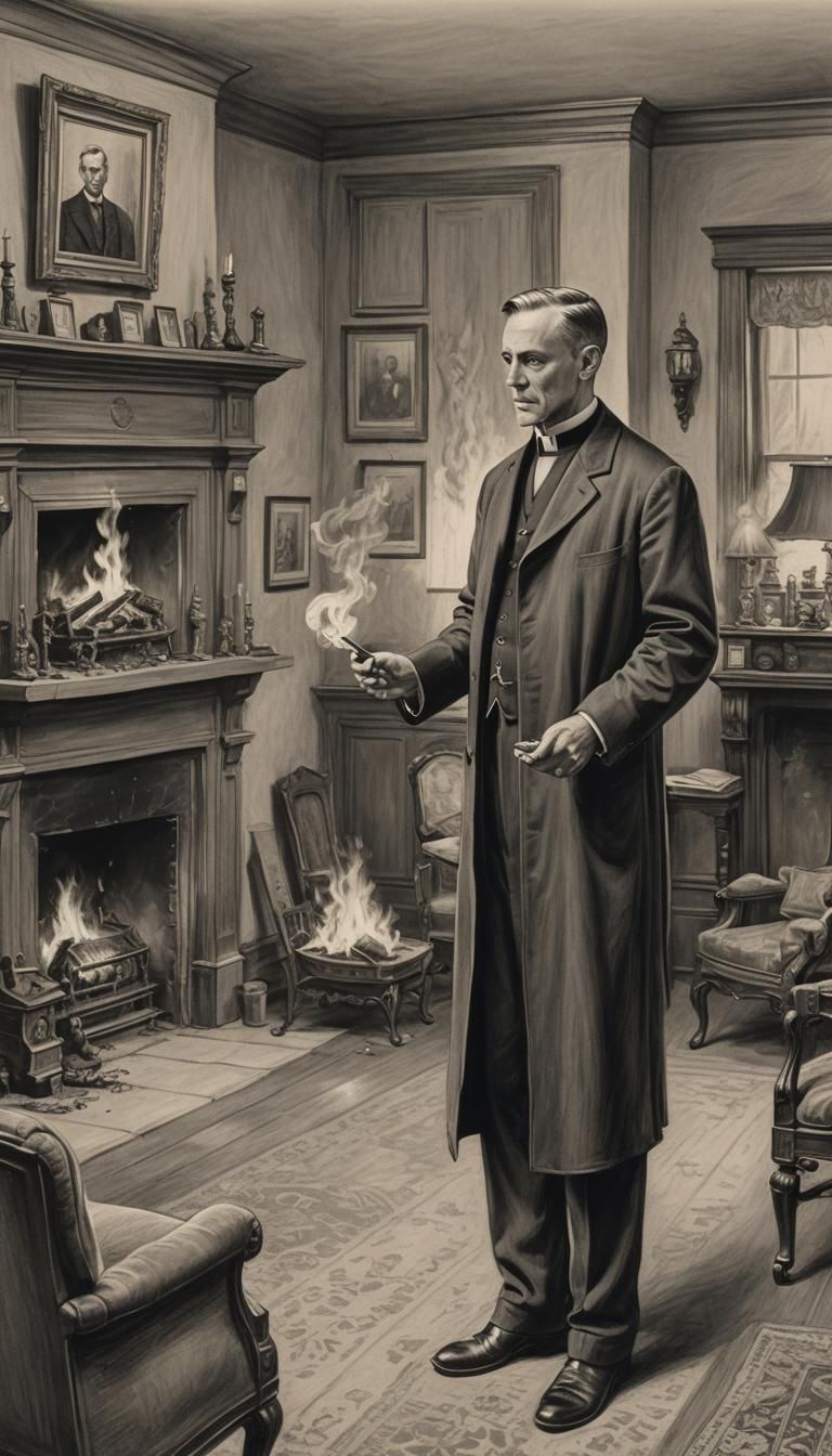 Charcoal Drawing of Priest Ablaze in Living Room, 1910