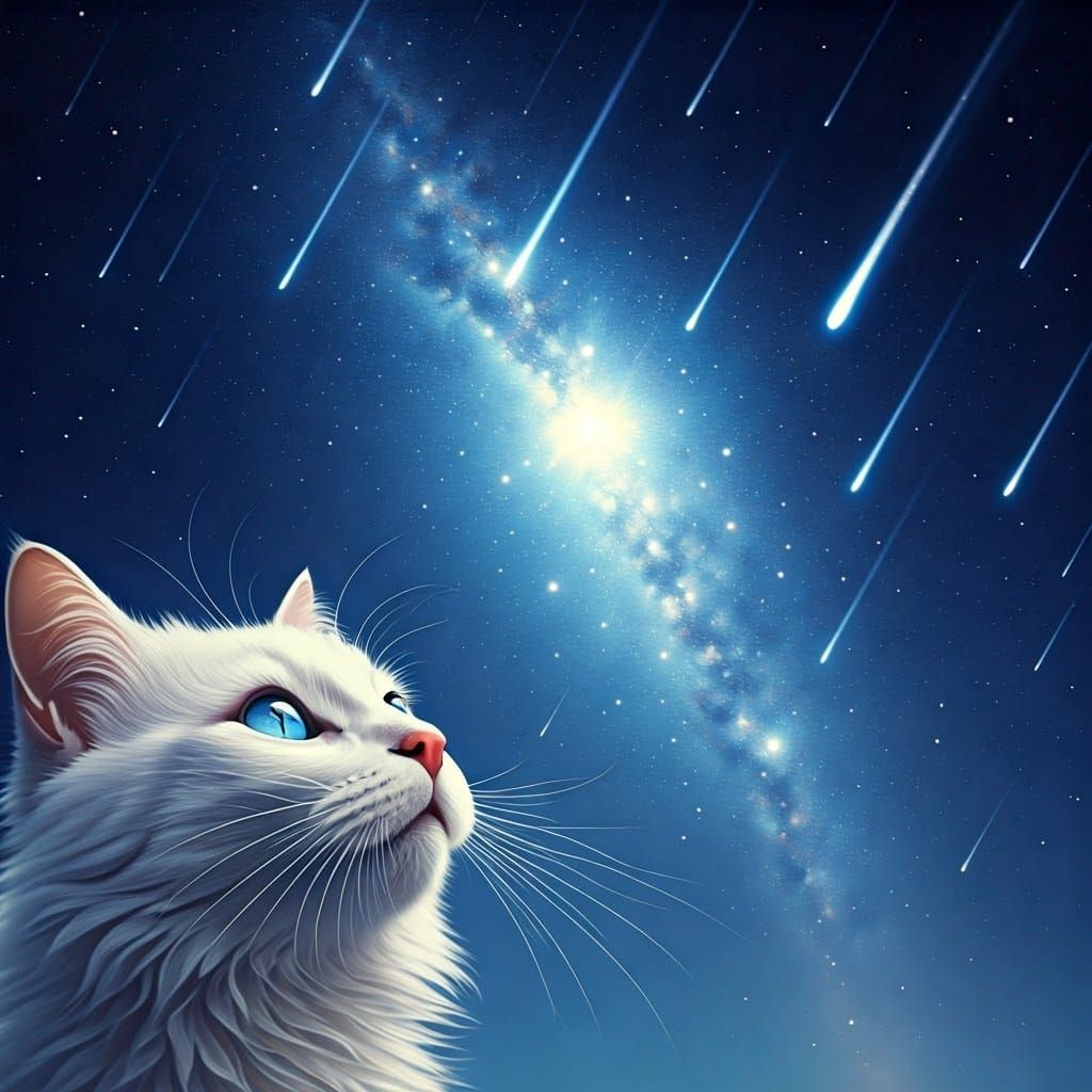 White Cat Gazing at Night Sky in Dreamy Fantasy Style