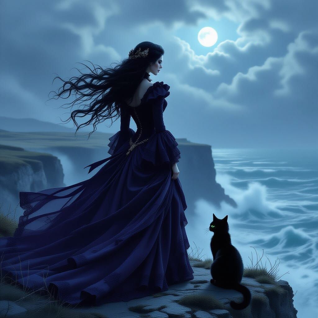 Witch on Cliff Overlooking Stormy Sea with Black Cat
