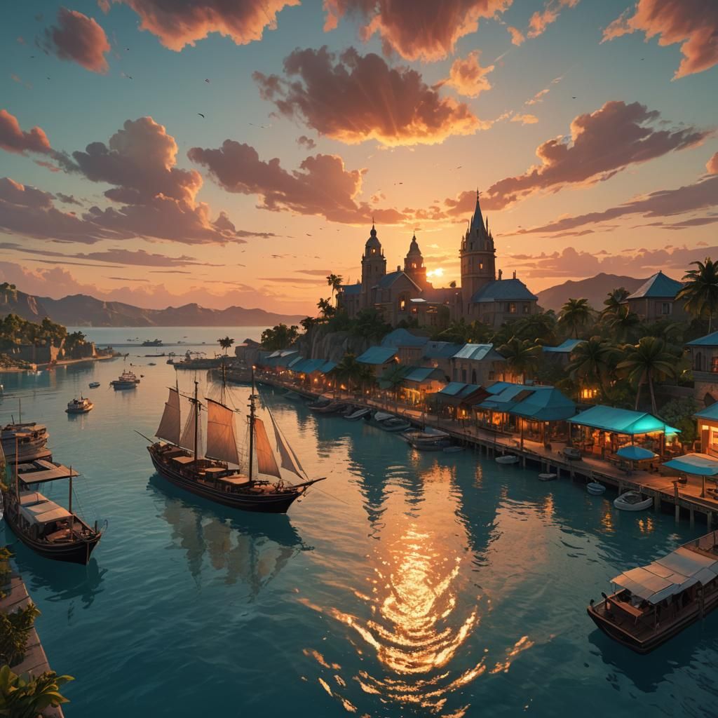 Tropical Island Harbour Sunset Concept Art