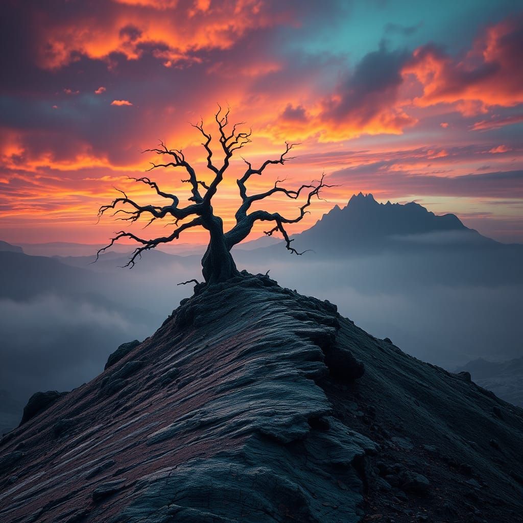 Mystical Tree on Desolate Hill in Dramatic Landscape