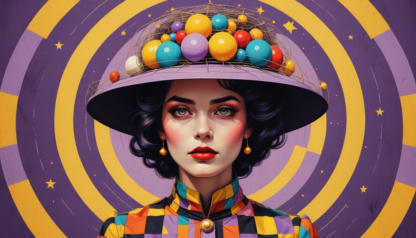 Retro Woman Wears 19th Century Bird's Nest Hat in Vibrant Po...