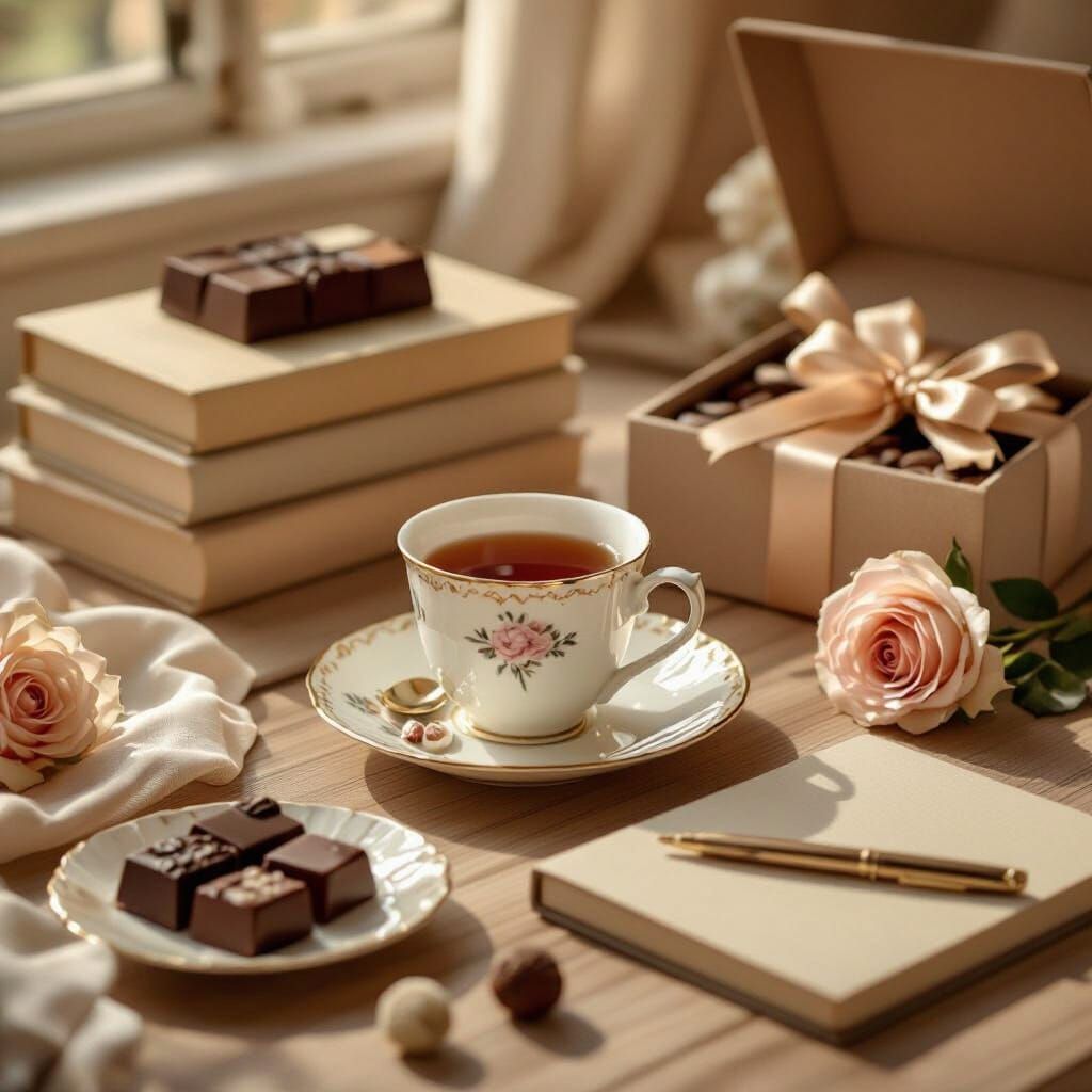 Cozy Morning Desk Scene with Tea and Chocolates