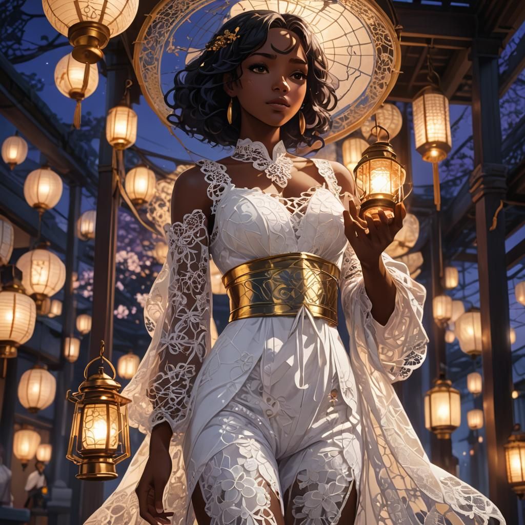 Ebony Goddess with Lantern in Anime Style