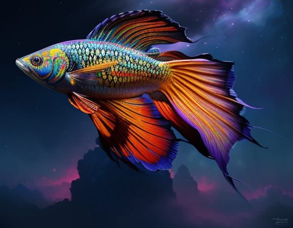 Ethereal Beta Fish Embarks on Cosmic Odyssey in Vibrant Surr...