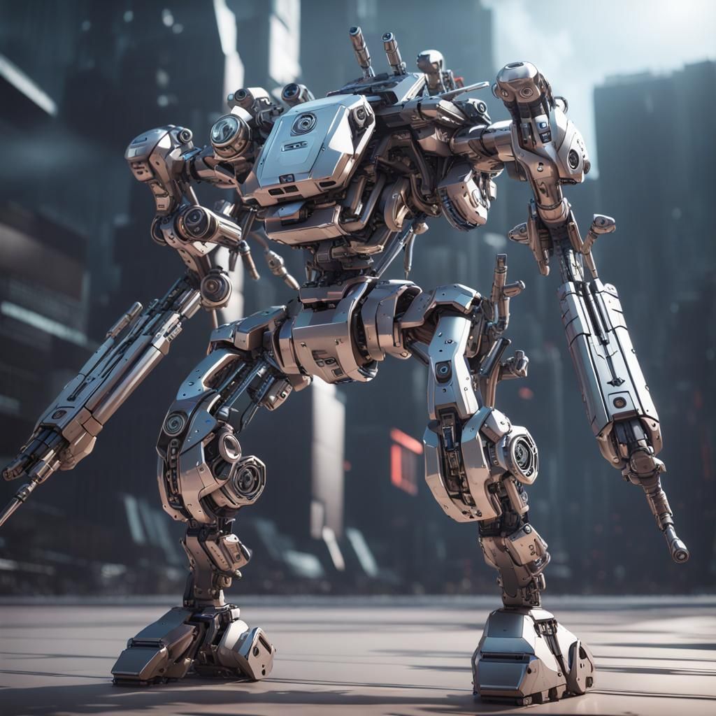 Futuristic Four-Armed Sniper Robot in Sci-Fi Scene