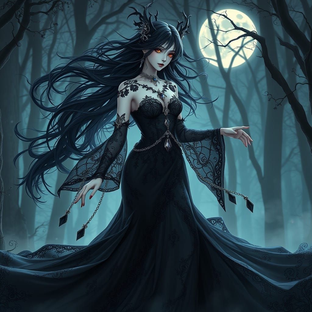 Enchantress in Moonlit Forest, Gothic Anime Art
