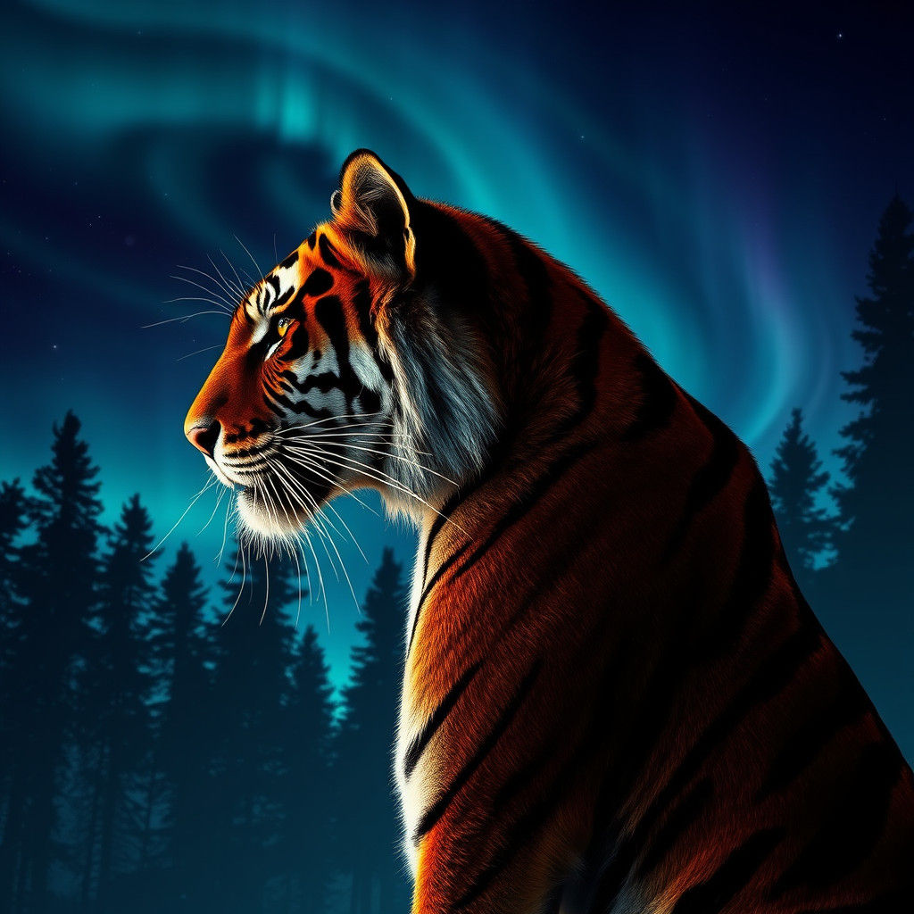 Majestic Tiger Profile with Aurora Borealis