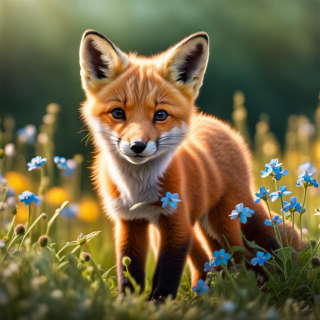 Fox Cub in Forget-Me-Not Field: Hyperrealistic 8K Render