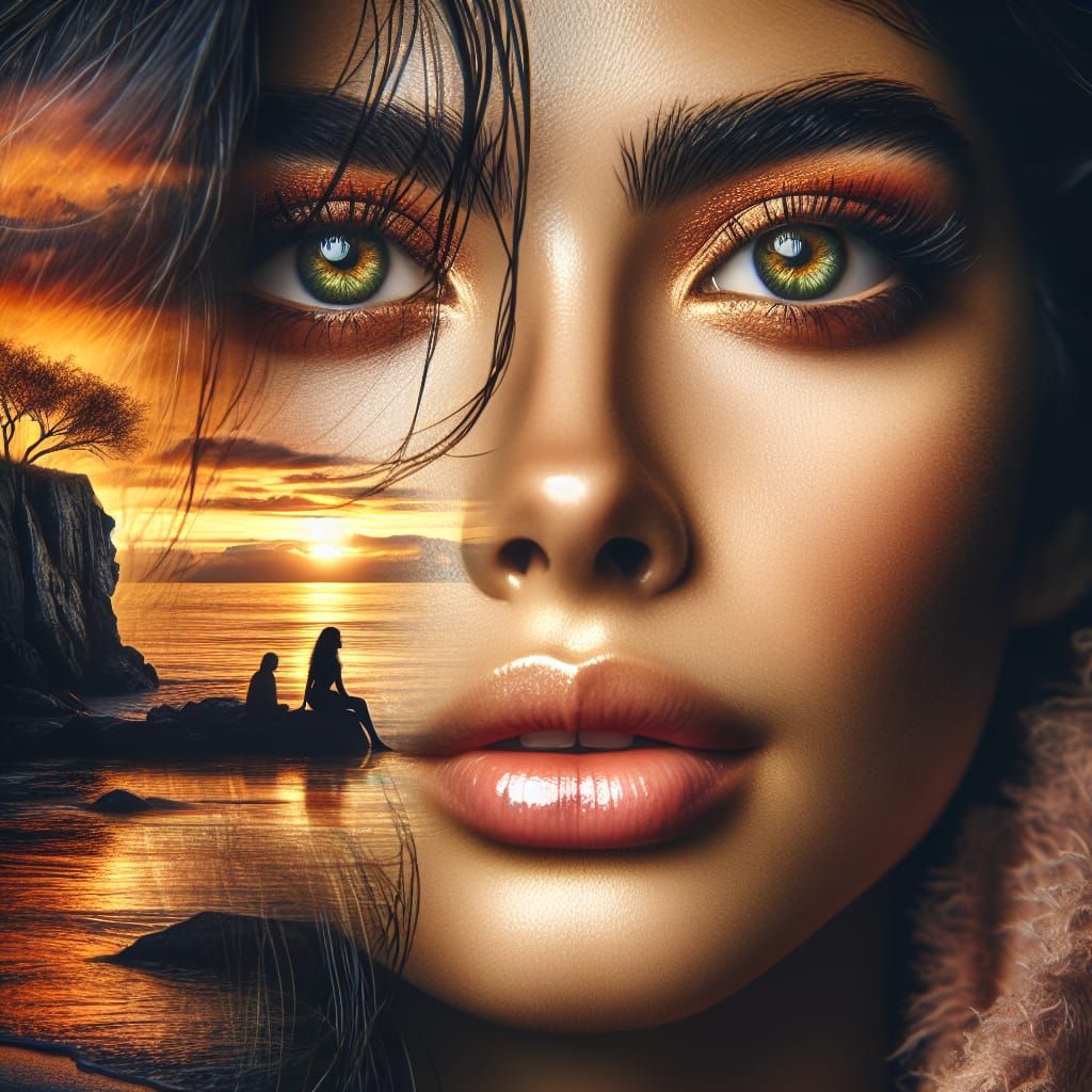 Surreal Double Exposure: Woman Merged With Sunset Seascape