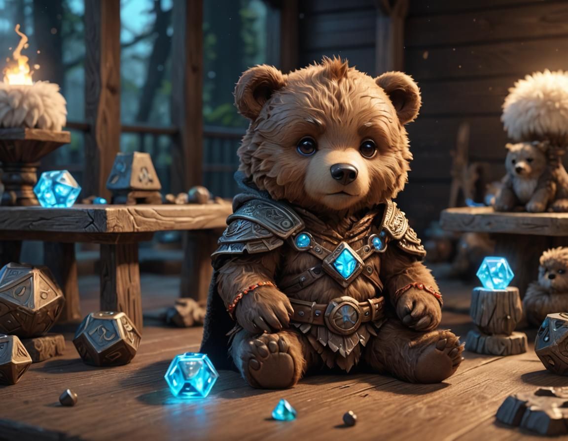 Chibi Bear Barbarian with Bioluminescent Dice