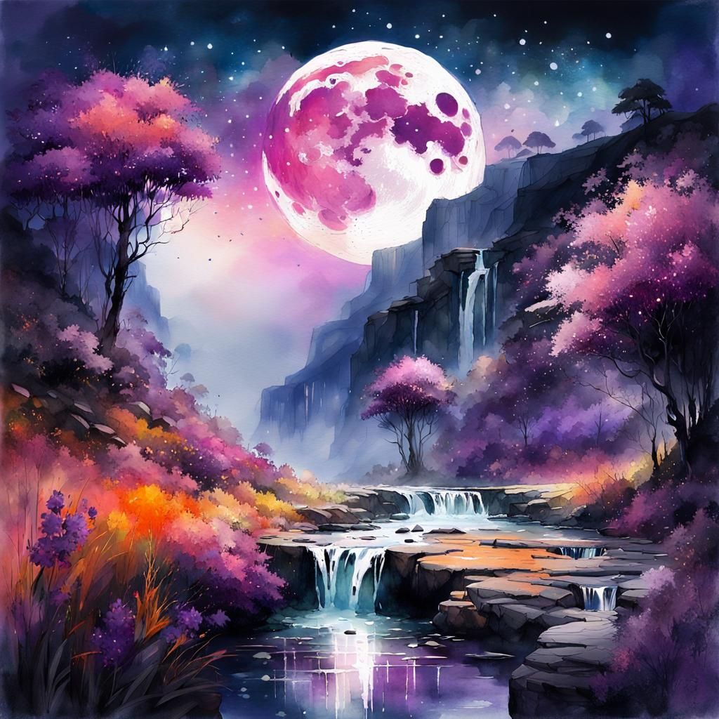 Lush Moonlit Landscape: A Watercolor Illustration