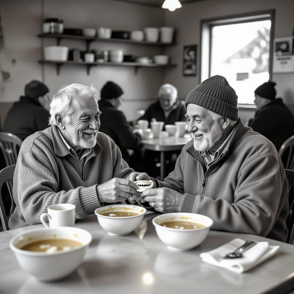 Elderly Men Share Soup Kitchen Kindness in Sepia Tone