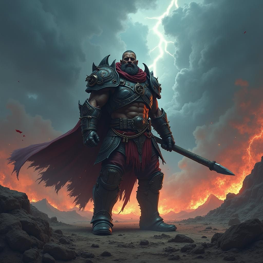 Resolute Warrior in War-Torn Landscape, Digital Art