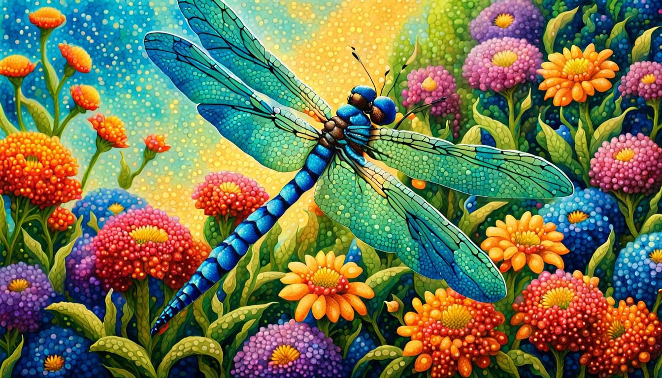 Dragonfly in Pointillism Style with Vibrant Flowers