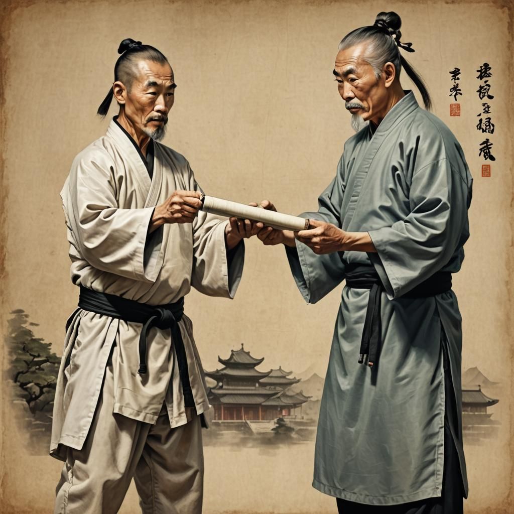 Kung Fu Master Teaches Student, Hyperrealistic Rendering