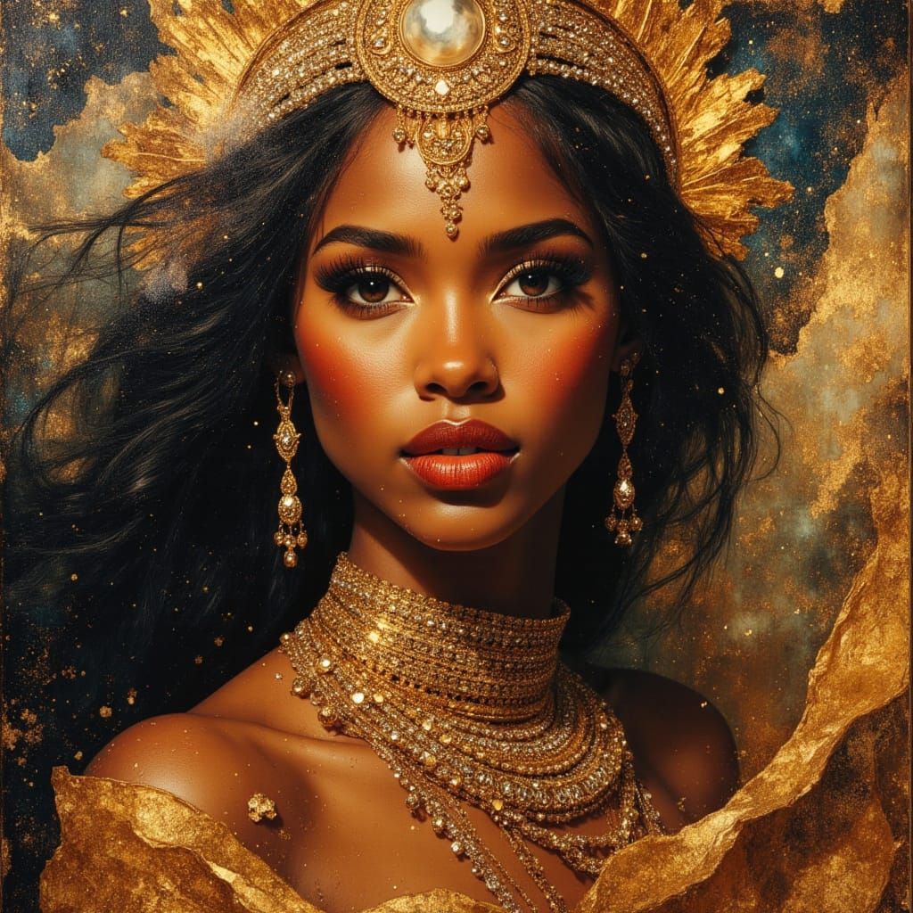 African Goddess Queen in Crystal Crown and Gold Armor