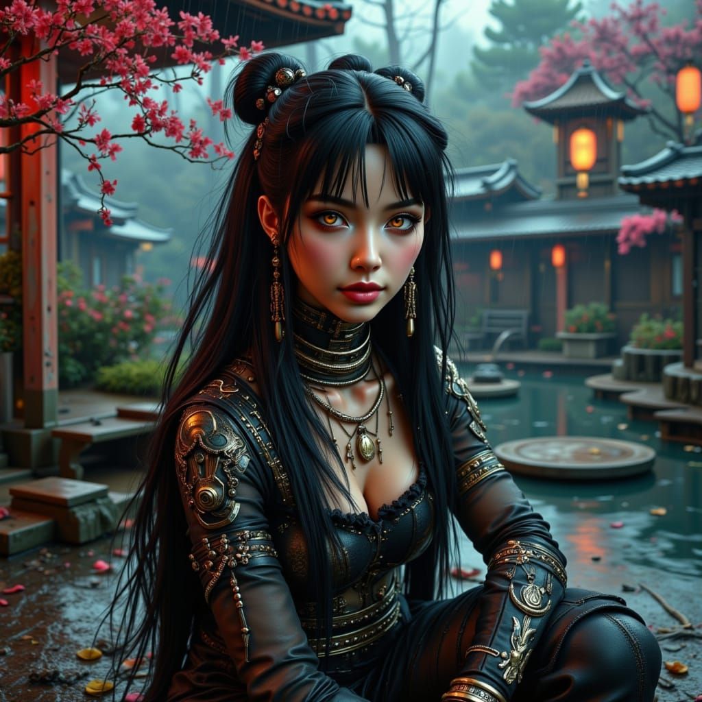 Cyberpunk Japanese Girl in Ruined Garden