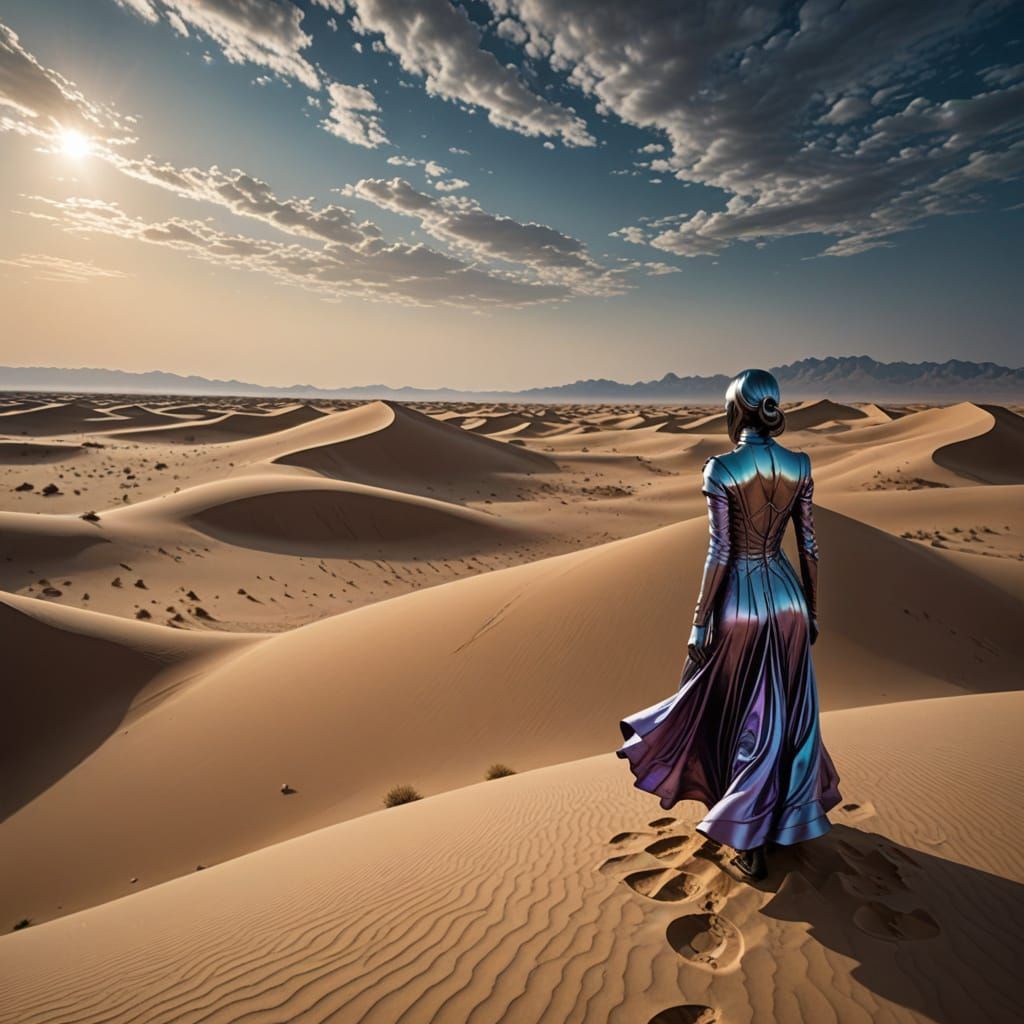 Surreal Desert Wanderer with Geometric Structures